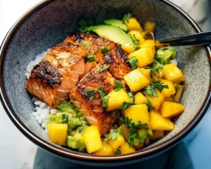 BBQ Salmon Bowls with Mango Avocado Salsa