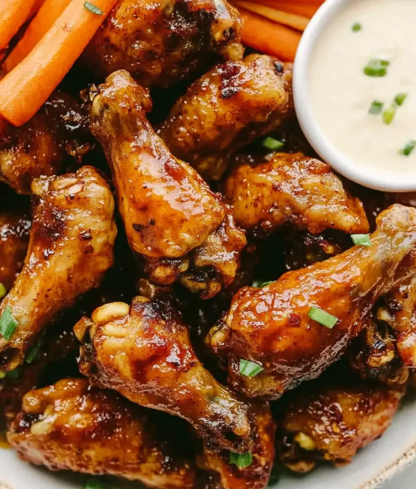 Close-up of crispy glazed chicken wings garnished with green onions, served with carrot sticks and a creamy dipping sauce.