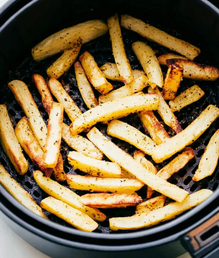 Crispy golden home fries inside an air fryer basket, seasoned with black pepper and ready to serve.