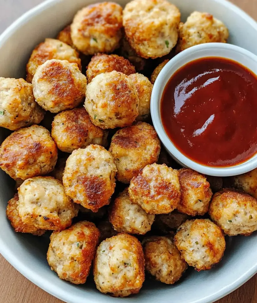 A bowl of crispy air fryer meatballs served with a small bowl of red dipping sauce.