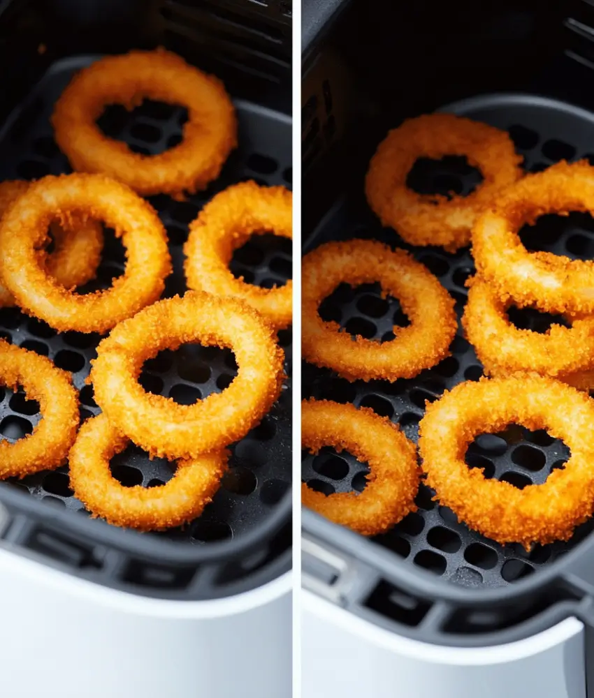 Side-by-side images of onion rings in an air fryer basket, showing frozen rings on the left and crispy golden rings on the right after cooking.