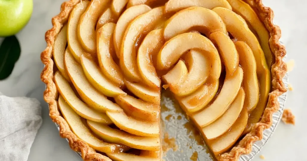 A sliced apple tart with neatly layered apple slices glazed in a caramelized finish. A single slice is missing, revealing the flaky, golden crust and spiced apple filling. The tart rests on a light marble surface.