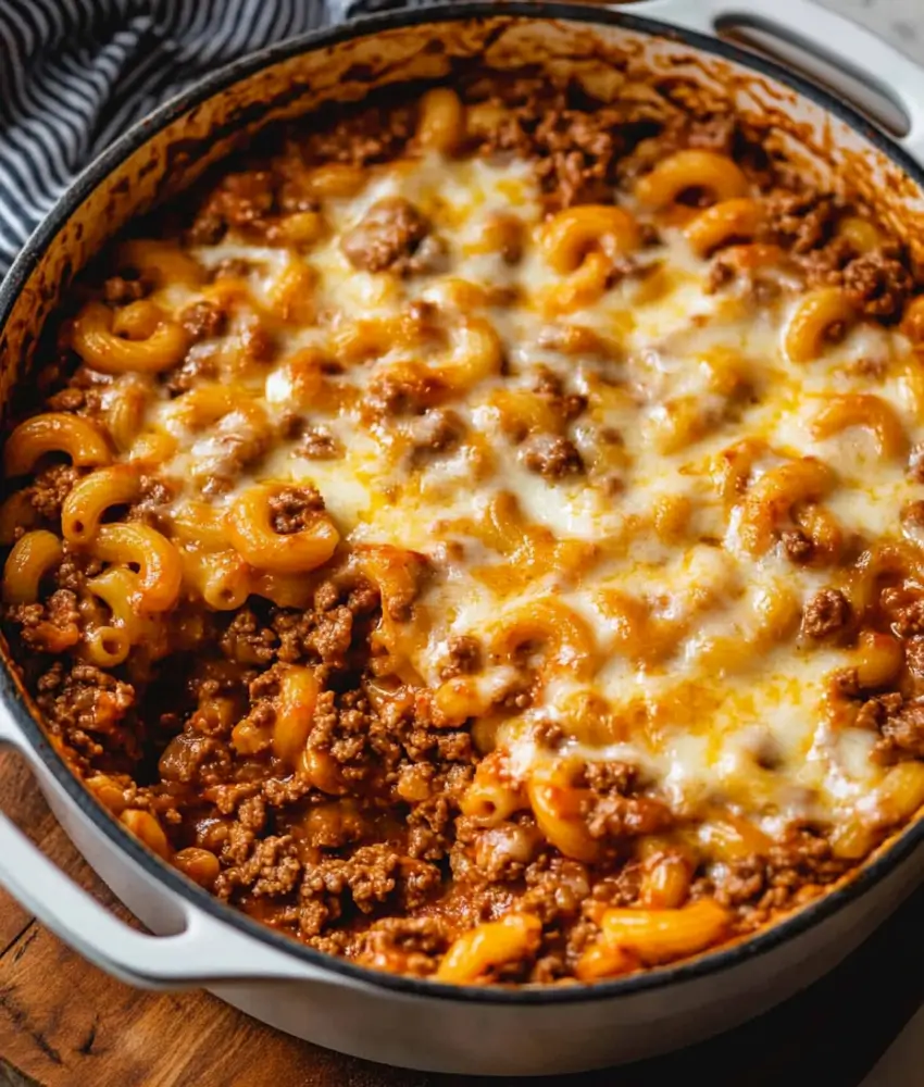 Close-up of baked macaroni with ground beef and melted cheese in a casserole dish.