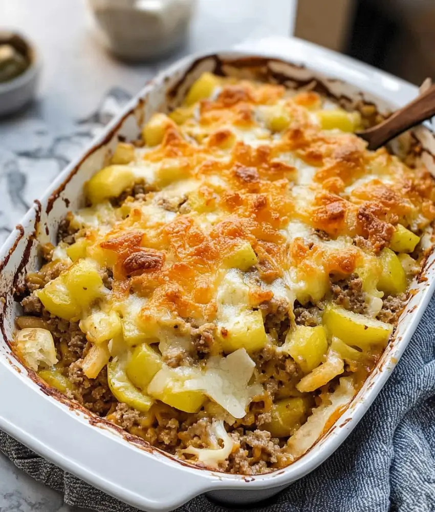 A freshly baked Big Mac casserole in a white dish, topped with melted cheddar cheese, tangy pickles, and ground beef.