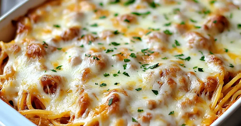 Show a freshly baked spaghetti with cream cheese casserole, featuring golden, bubbly melted cheese on top. Garnish the dish with finely chopped parsley for a fresh and vibrant touch, showcasing the creamy and cheesy layers beneath.