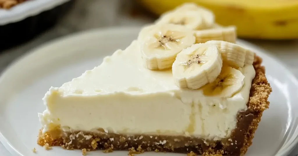 A slice of banana cheesecake topped with fresh banana slices on a graham cracker crust, served on a white plate.