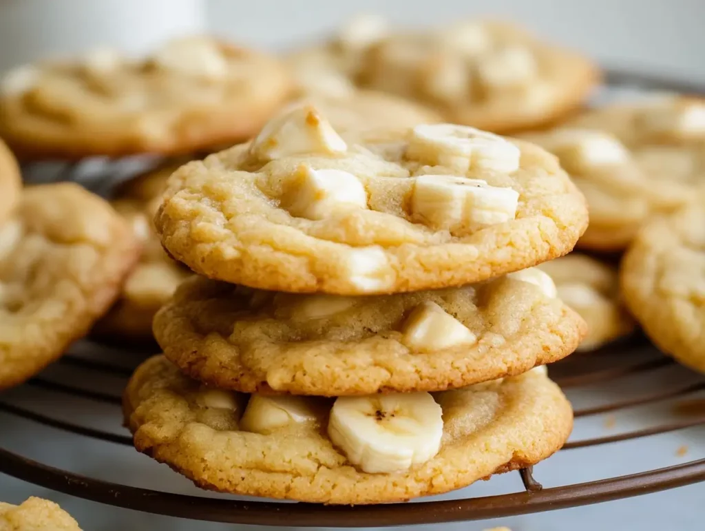 A stack of soft banana pudding cookies topped with banana slices and white chocolate chips, placed on a cooling rack.