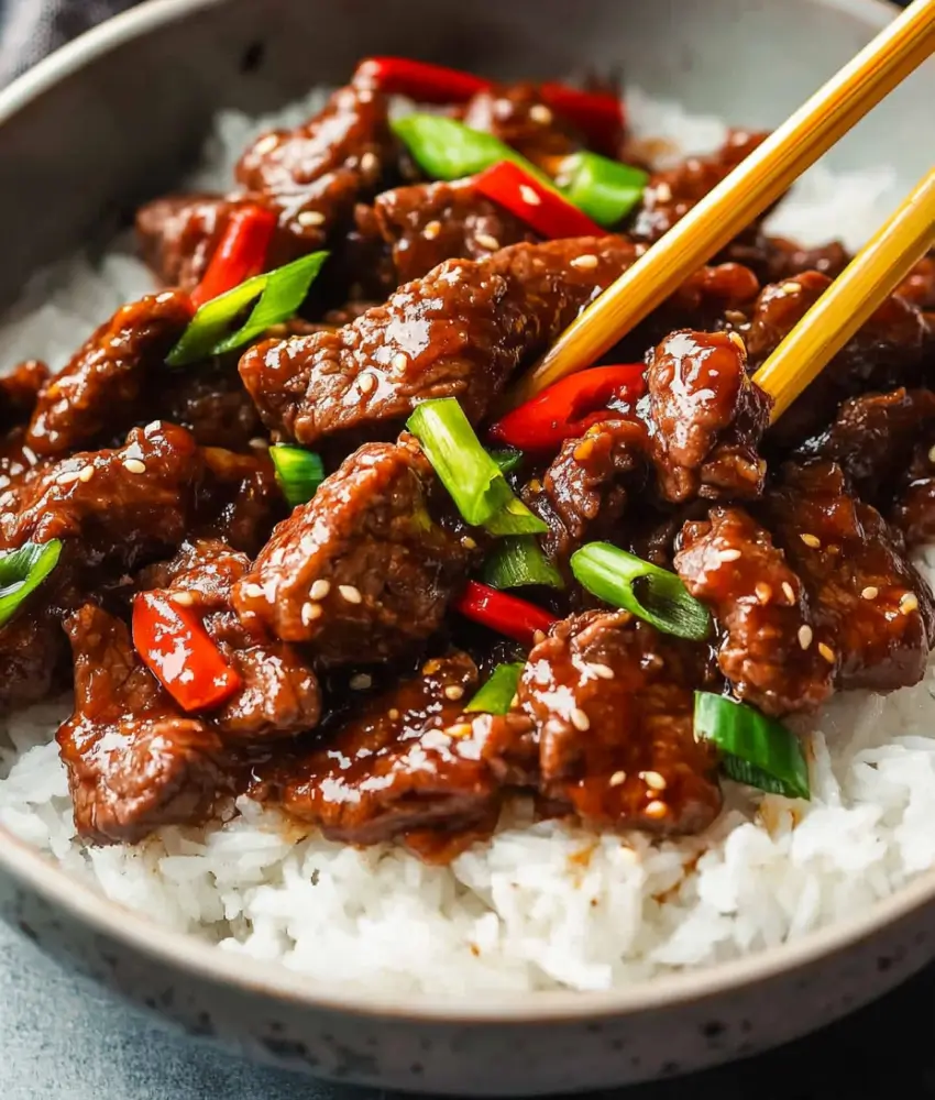 Close-up of Beijing Beef on a bed of steamed white rice, topped with sesame seeds, red bell peppers, and green onions, with chopsticks picking up a piece.