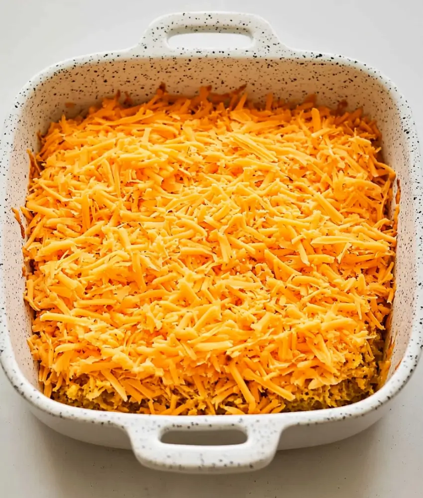 A white speckled casserole dish filled with Big Mac casserole, topped with a generous layer of shredded cheddar cheese, ready for baking.