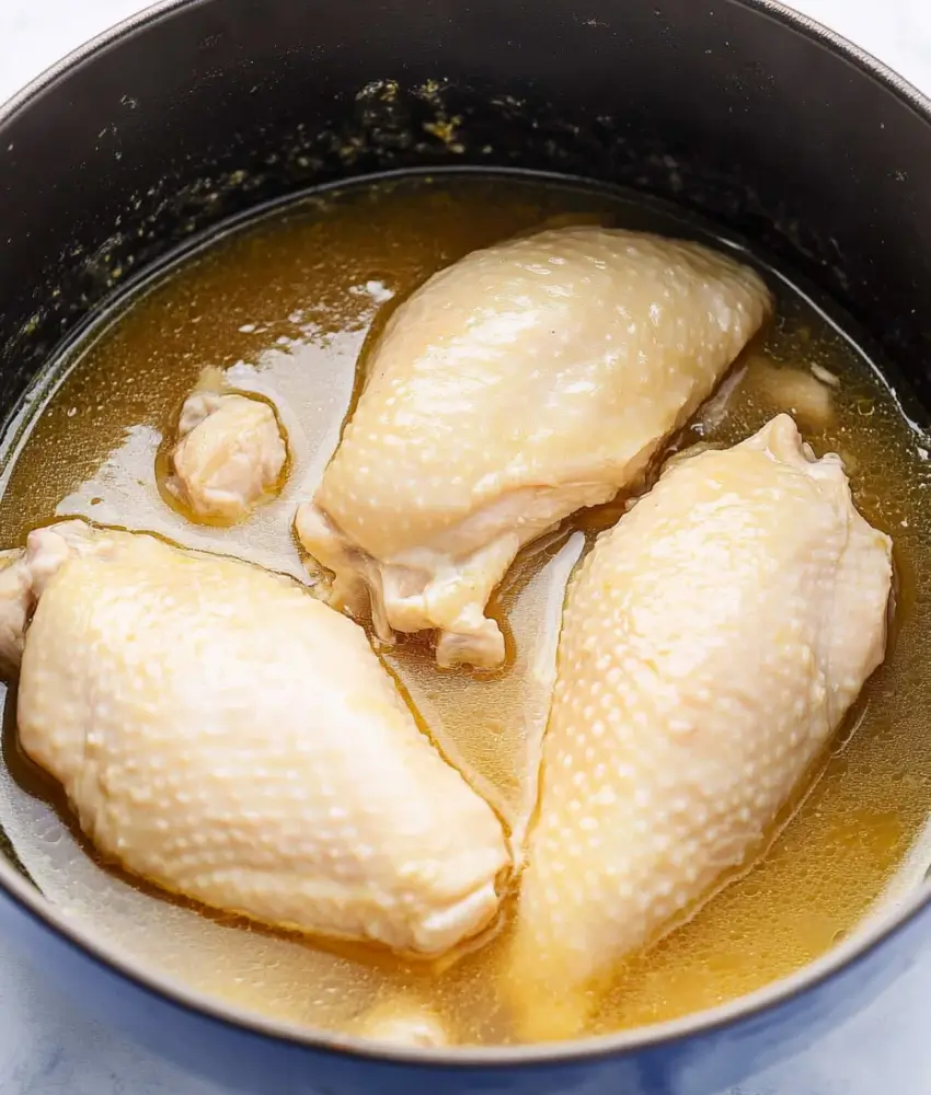 Three chicken breasts boiling in a pot of golden broth.