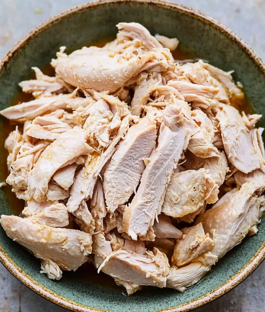 Close-up of boiled chicken strips arranged in a green ceramic bowl.