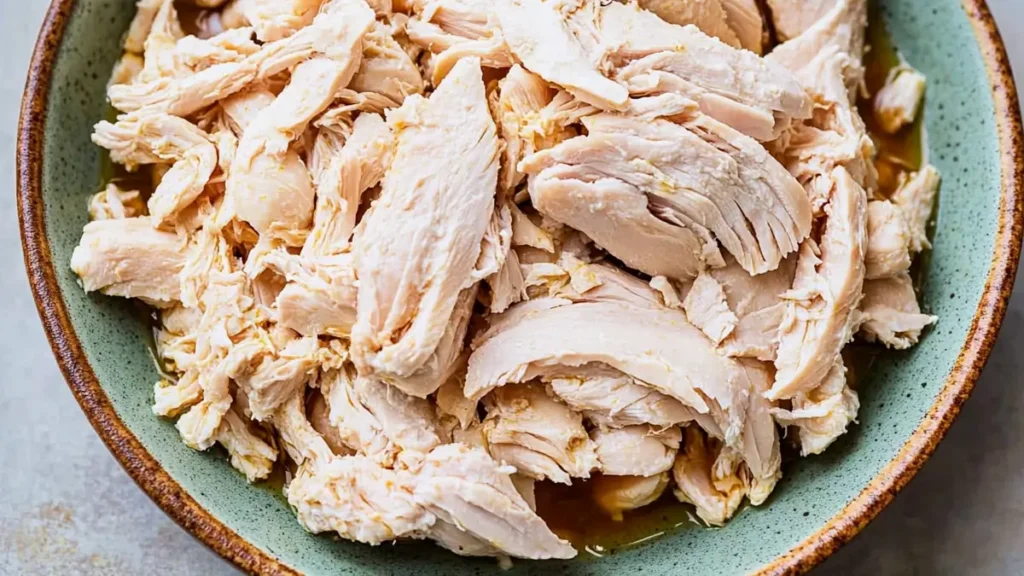 A close-up of shredded boiled chicken served in a green ceramic bowl.