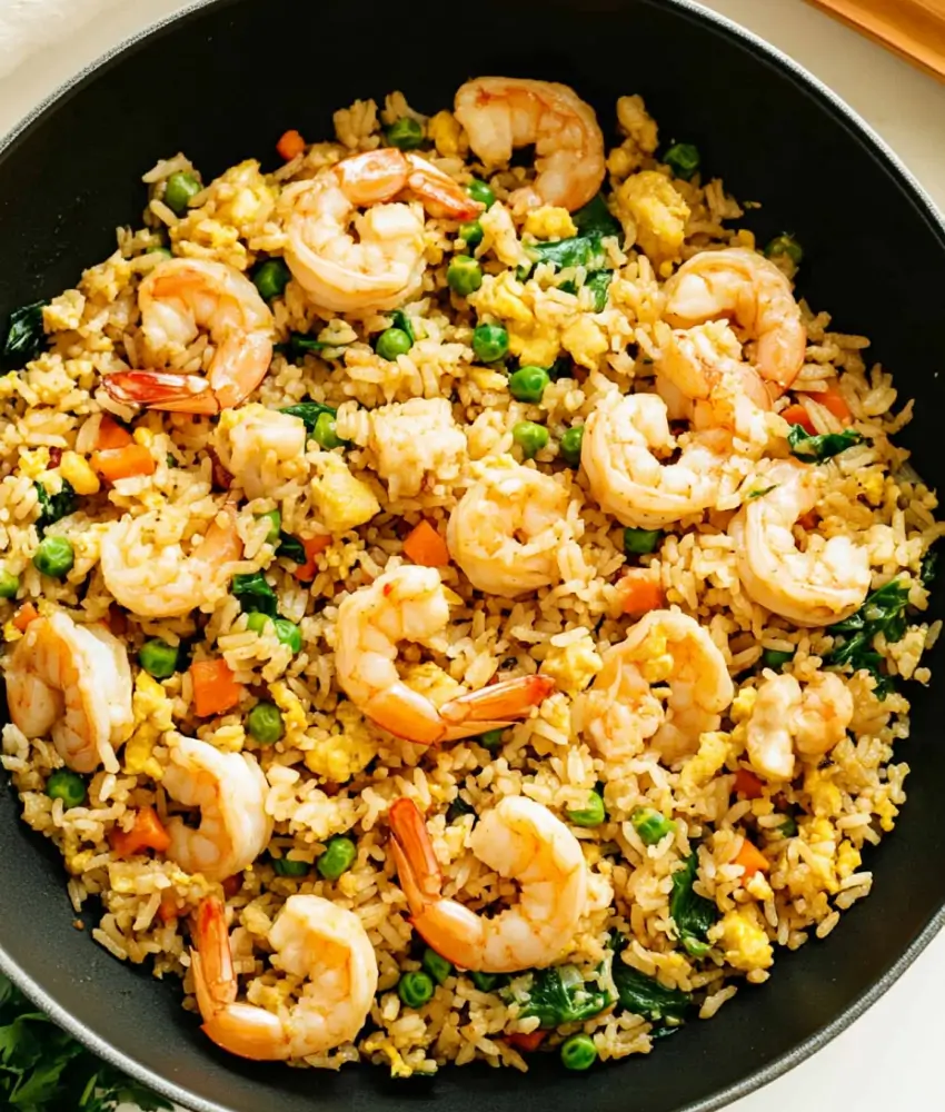 A bowl of shrimp fried rice with peas, carrots, eggs, and fresh herbs.