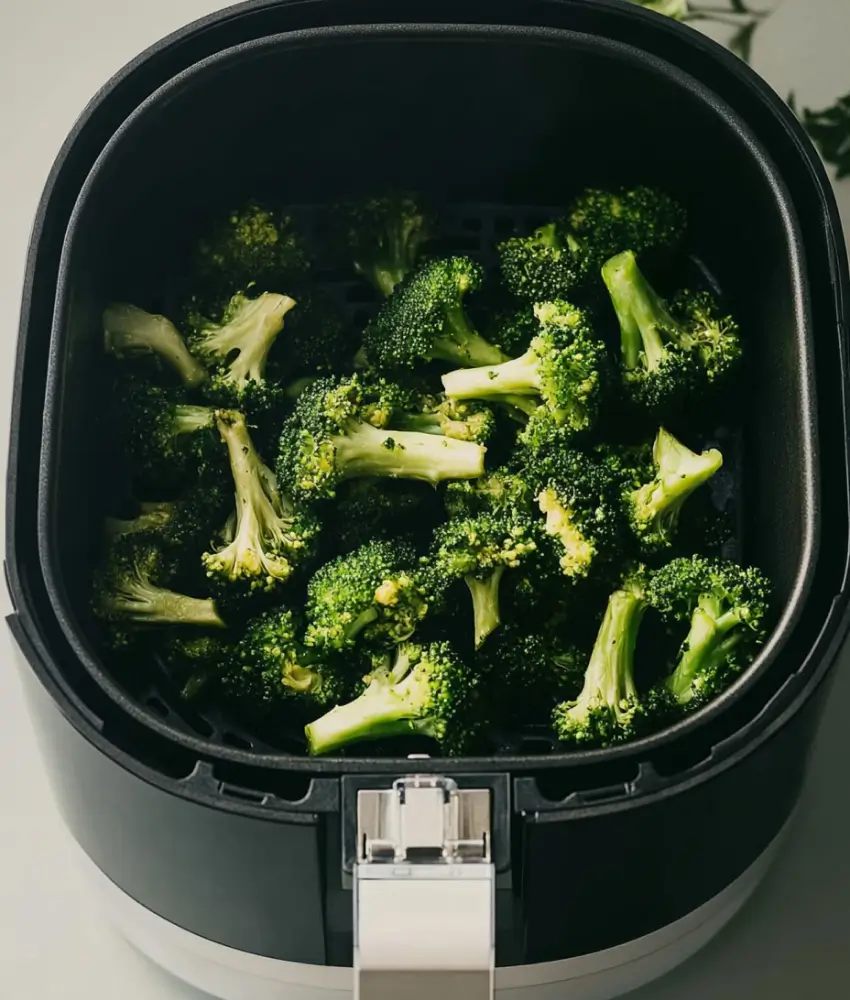 Fresh broccoli florets placed inside an air fryer basket before cooking.
Caption: Fresh broccoli florets loaded into an air fryer, ready for a quick and healthy cooking session.