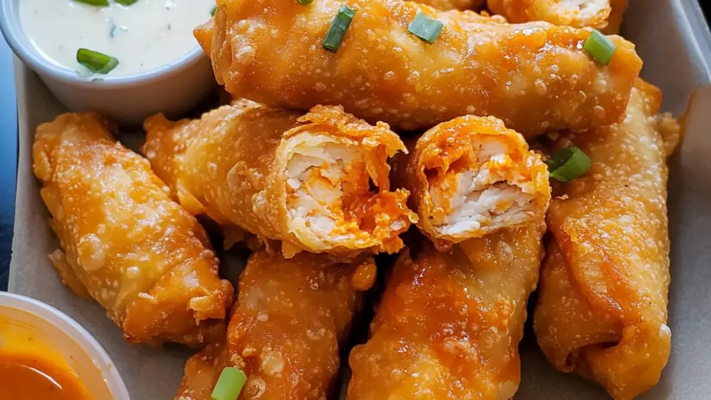 Close-up of buffalo chicken egg rolls with a crispy golden crust, filled with shredded chicken and buffalo sauce, served with dipping sauces.