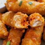 Close-up of buffalo chicken egg rolls with a crispy golden crust, filled with shredded chicken and buffalo sauce, served with dipping sauces.