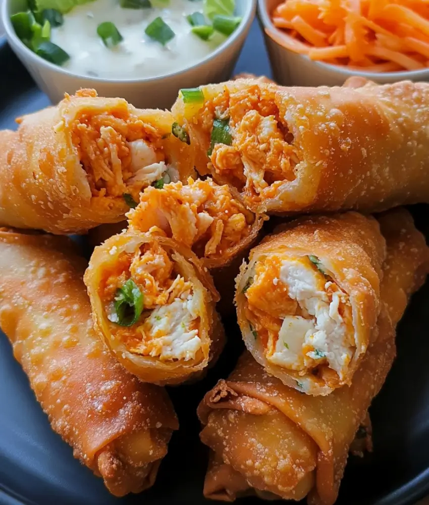 A plate of buffalo chicken egg rolls with a crispy golden crust, stuffed with shredded chicken, buffalo sauce, and green onions, served with ranch dressing and shredded carrots.