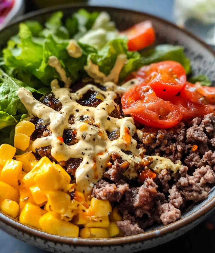 A flavorful burger bowl featuring seasoned ground beef, sweet corn, fresh lettuce, sliced tomatoes, and a creamy drizzle of sauce on top.