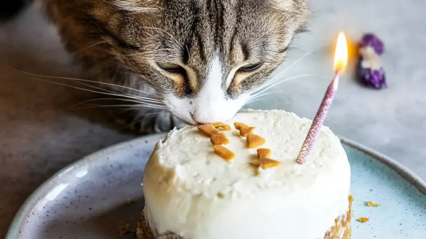 A close-up of a tabby cat sniffing a birthday cake topped with star-shaped treats and a lit candle on a light blue plate.