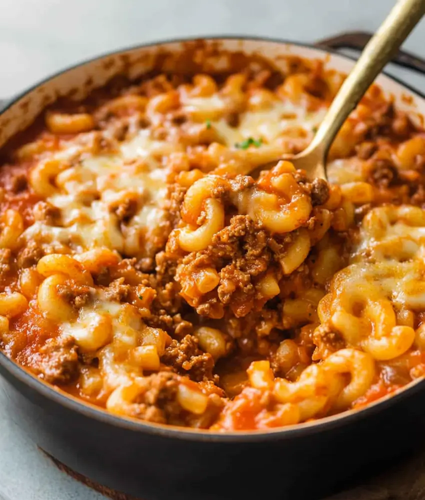 Close-up of cheesy baked macaroni with ground beef and tomato sauce, being scooped from a skillet with a golden spoon.