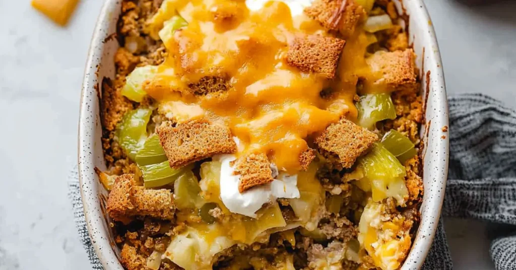 Close-up of a Big Mac casserole topped with melted cheese, croutons, and pickles in a white casserole dish.