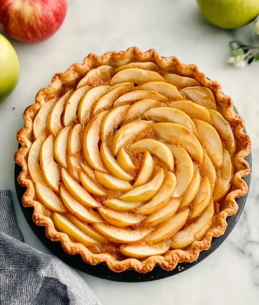 A whole apple tart with beautifully arranged apple slices in a golden-brown crust. The tart sits on a marble surface, surrounded by red and green apples, evoking a rustic and fresh presentation.