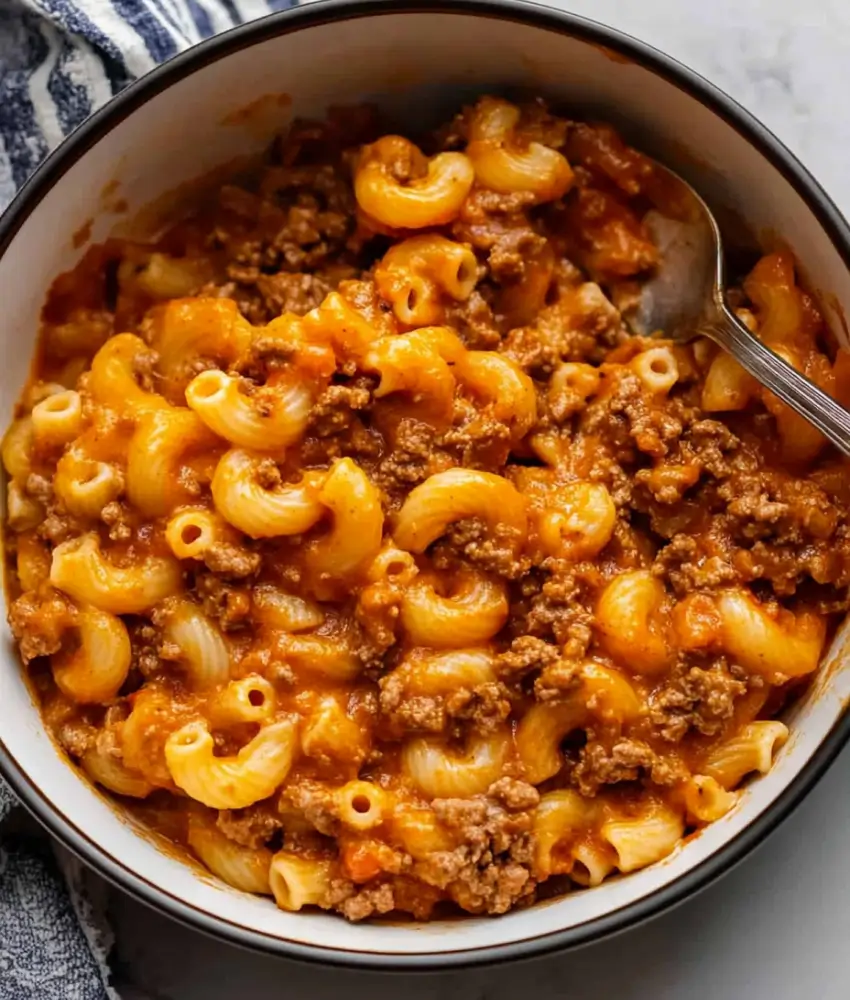 Close-up of beef and macaroni pasta with a rich tomato-based sauce served in a white bowl with a spoon.