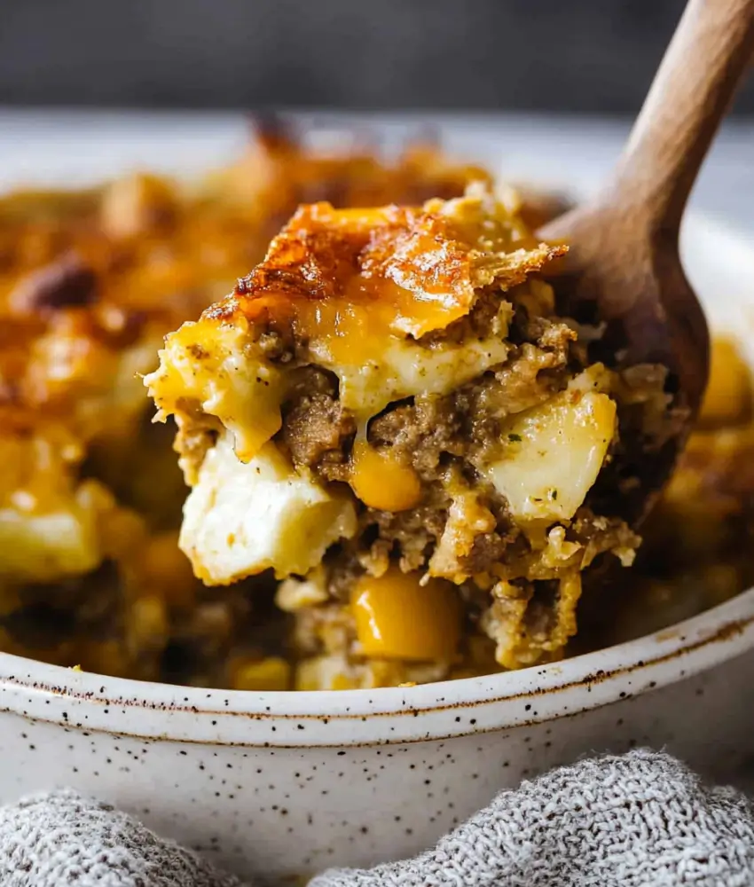 A wooden spoon scooping a portion of cheesy Big Mac casserole, showcasing layers of ground beef, melted cheese, and diced pickles from a white speckled dish.