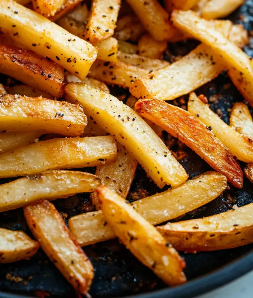 A close-up shot of golden, crispy home fries seasoned with black pepper and salt, showcasing their crunchy texture.