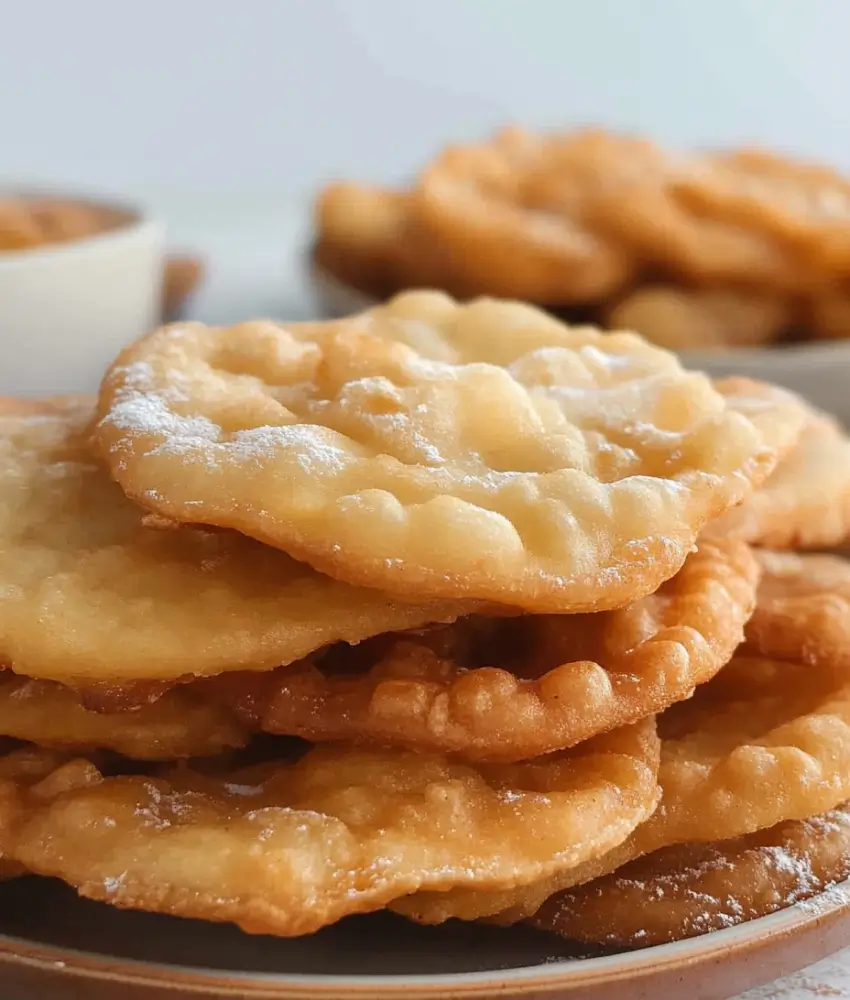 A close-up view of golden, crispy Mexican buñuelos stacked on a plate, lightly dusted with powdered sugar.