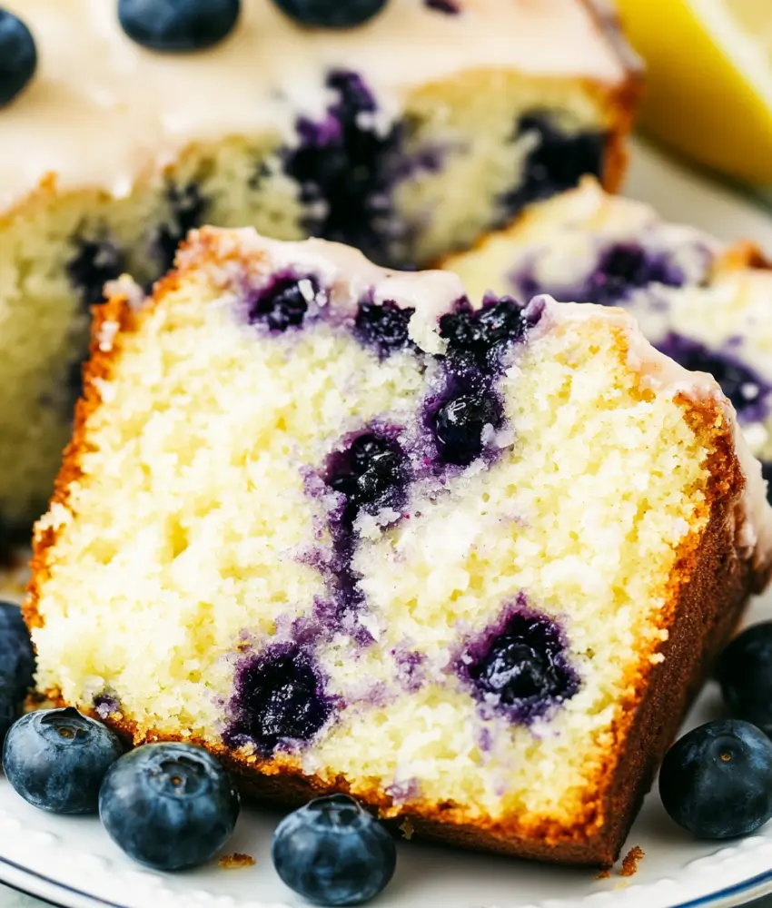 A close-up of a moist lemon blueberry loaf cake slice topped with a light glaze, surrounded by fresh blueberries.