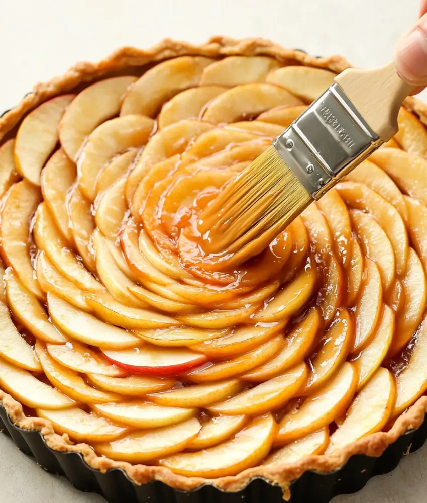 A close-up of a freshly baked apple tart with thinly sliced apples arranged in concentric circles. A pastry brush applies a shiny glaze over the apples, creating a golden, glossy finish.