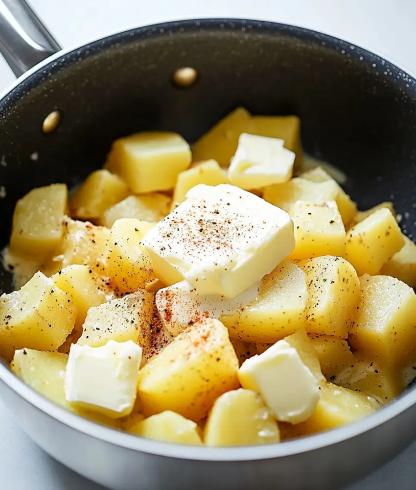 Cooked potato cubes in a pot topped with butter, cream, black pepper, and paprika, ready to be mashed.