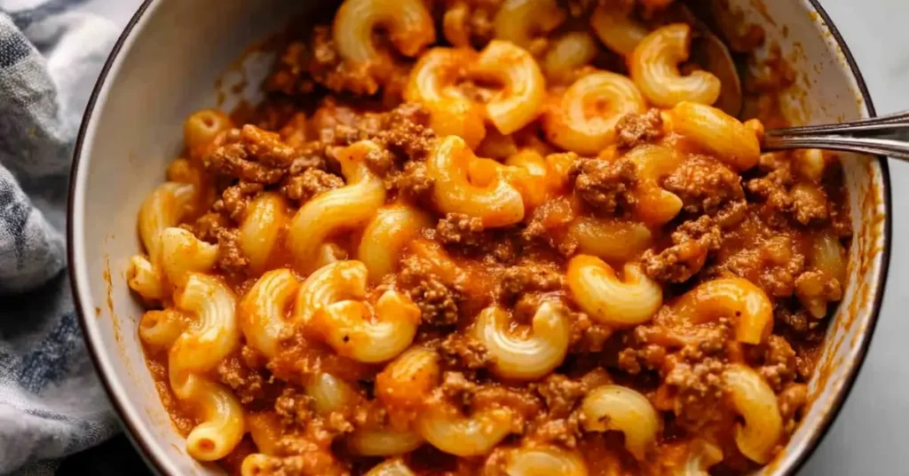 Close-up of creamy macaroni pasta mixed with ground beef and tomato-based sauce served in a bowl.