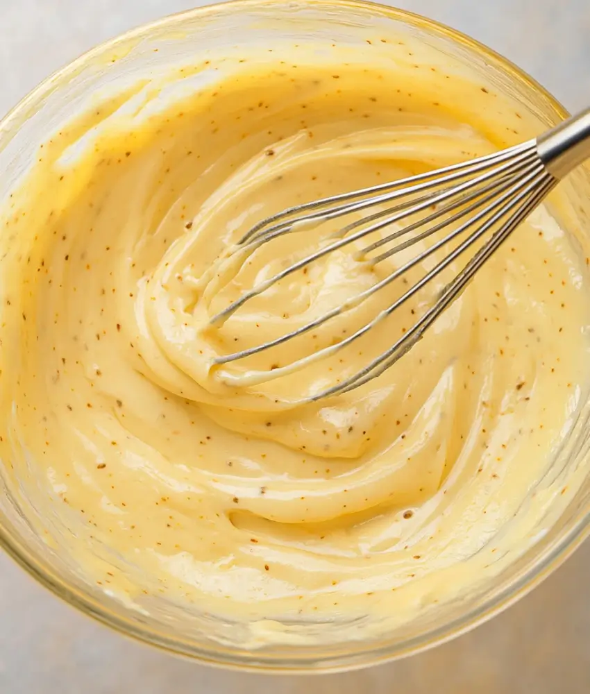 A bowl of creamy homemade Big Mac sauce with a whisk, showing its smooth texture and specks of seasoning.