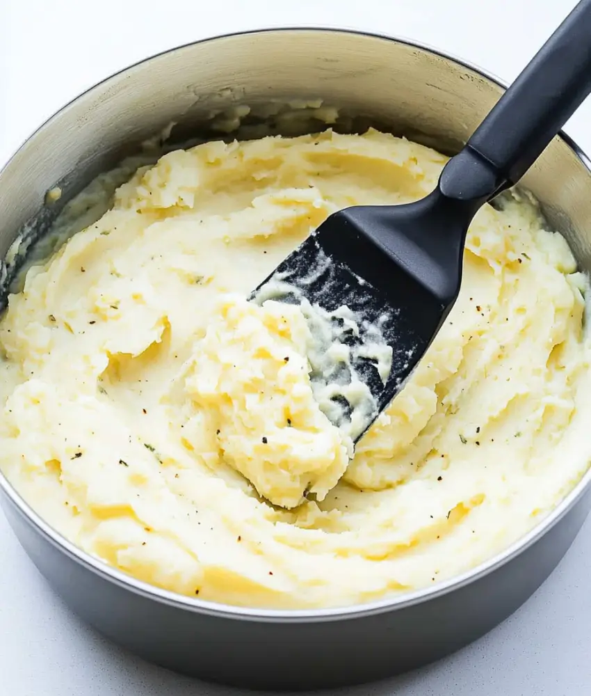 A bowl of creamy mashed potatoes topped with melted butter, fresh thyme, black pepper, and paprika, with a wooden spoon.