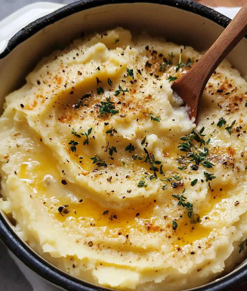 A pot filled with creamy, freshly mashed potatoes seasoned with black pepper, with a black spatula scooping them.