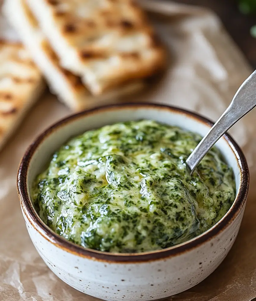 Close-up of a creamy green pesto sauce in a rustic ceramic bowl with a spoon, accompanied by toasted bread in the background.