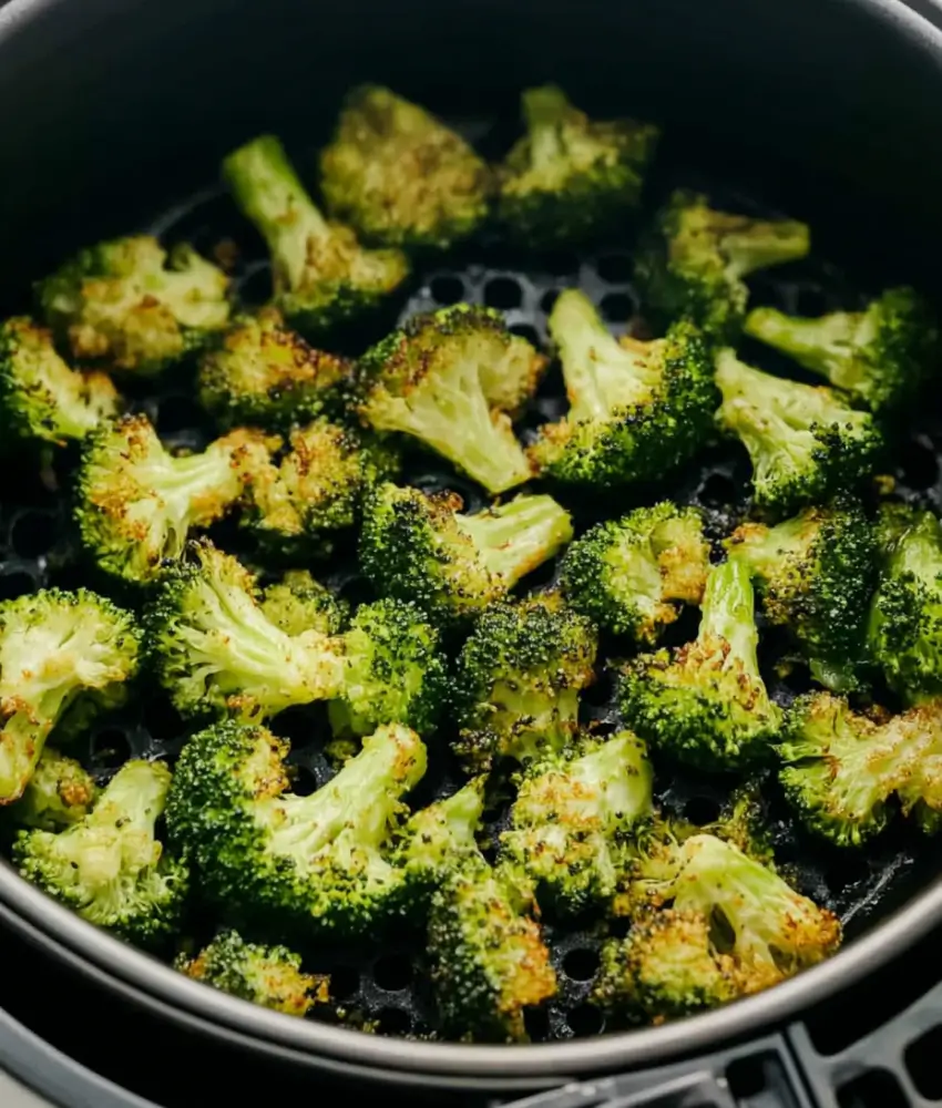 Golden-brown broccoli florets cooked to perfection in an air fryer basket.
Caption: Deliciously crispy air-fried broccoli, perfectly roasted for a healthy side dish.