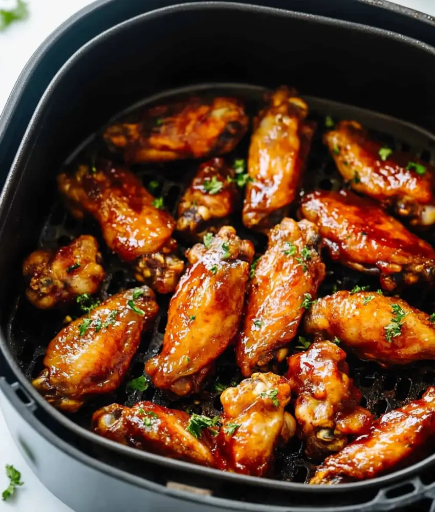 Golden-brown glazed chicken wings cooked in an air fryer, garnished with fresh parsley for added color and flavor.