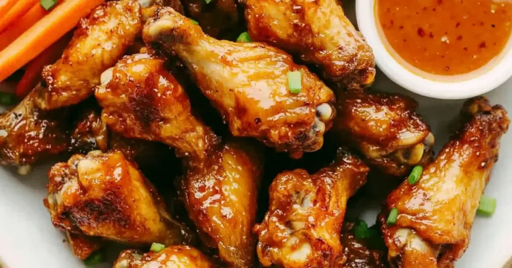 Close-up of golden-brown air fryer chicken wings served with a spicy dipping sauce and garnished with green onions.