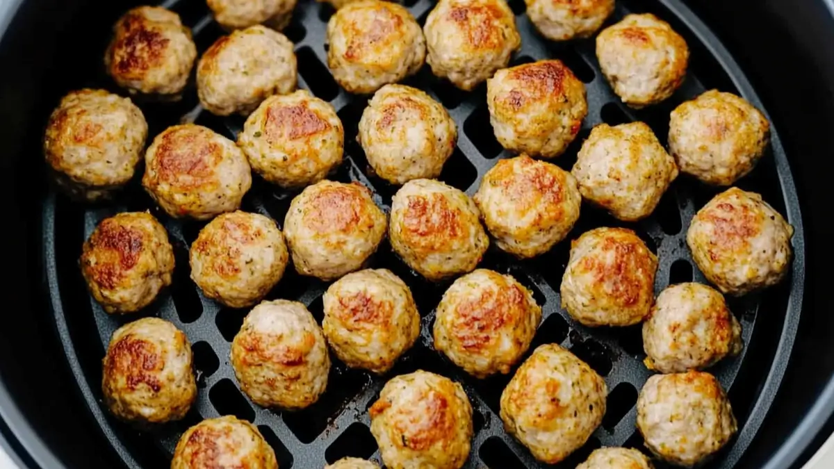 Close-up of golden-brown frozen meatballs cooked in an air fryer basket.