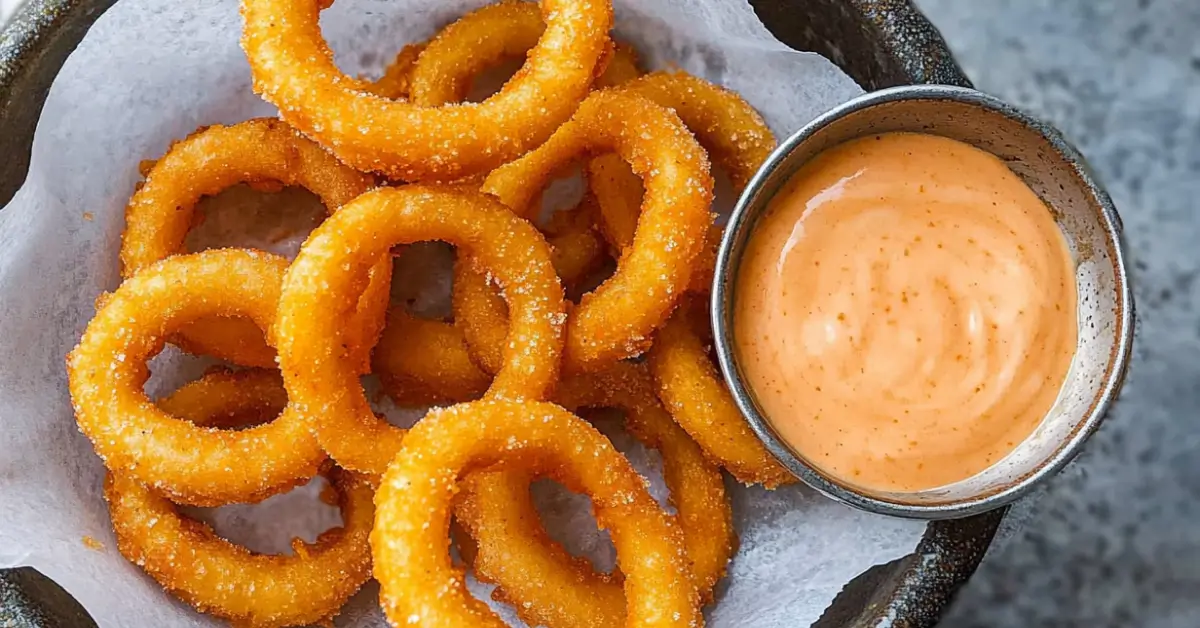 A close-up of golden crispy onion rings cooked in an air fryer, served with a bowl of creamy dipping sauce.