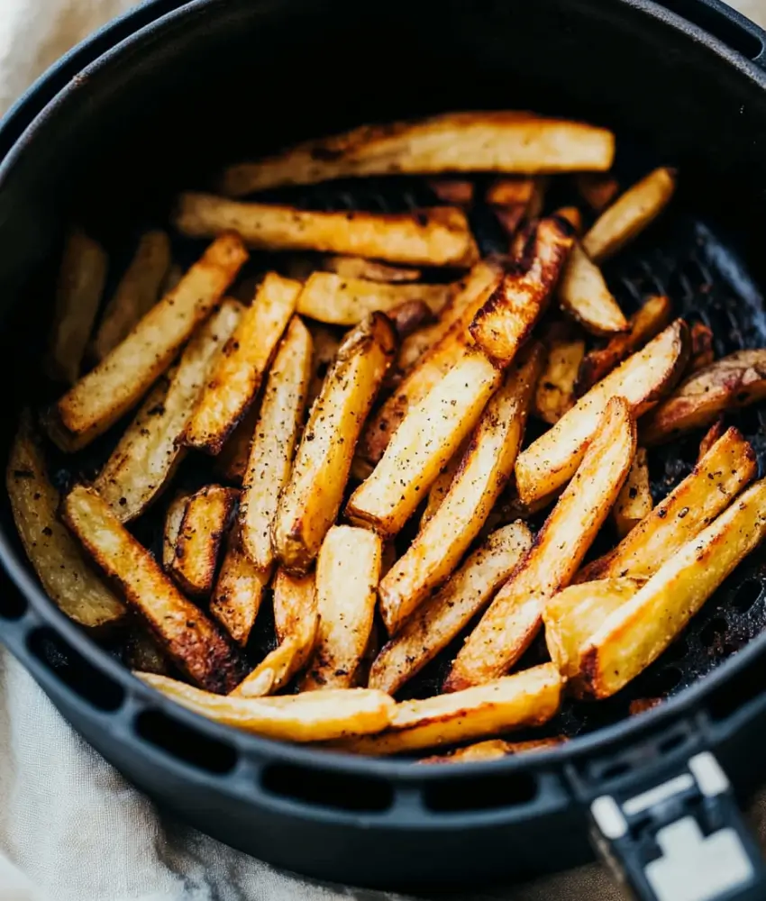 Golden and crispy home fries cooked to perfection inside an air fryer basket, seasoned with black pepper.