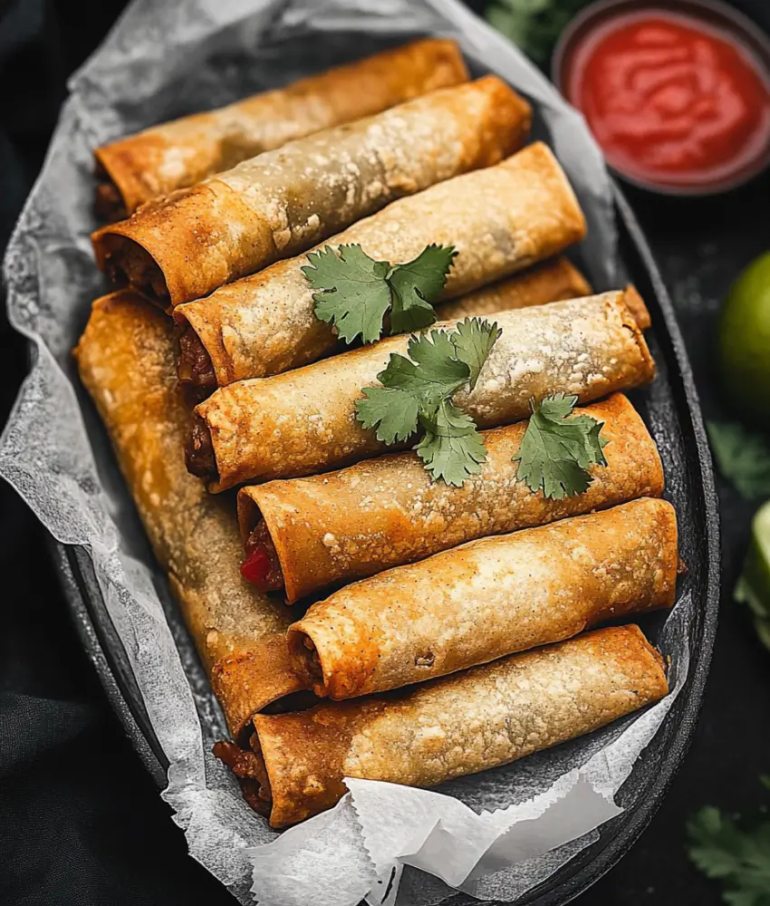 A tray of crispy beef taquitos garnished with fresh cilantro, served with a side of salsa and lined with parchment paper.