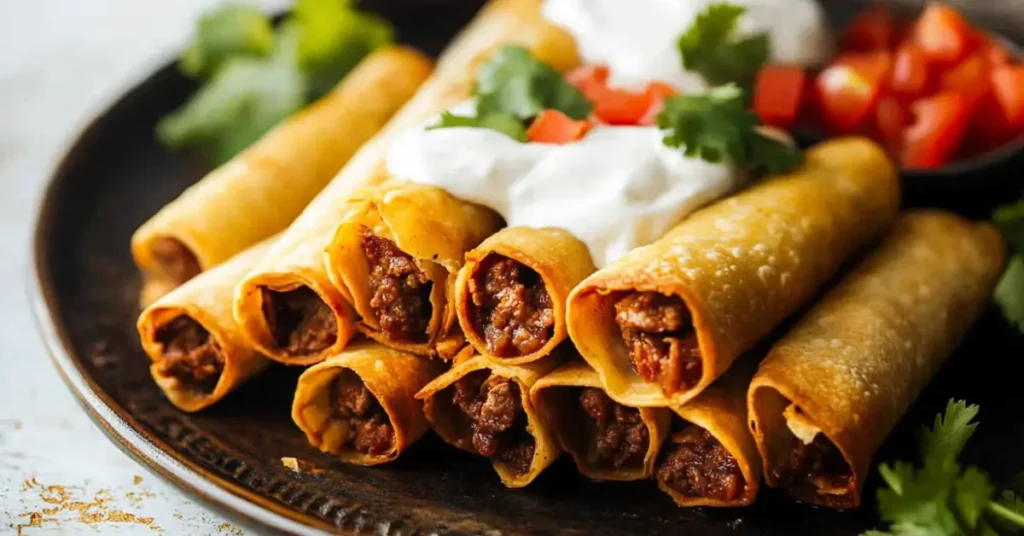 A plate of golden, crispy beef taquitos topped with sour cream, diced tomatoes, and fresh cilantro, served on a dark plate.