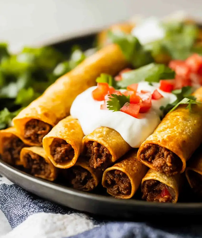 A plate of crispy beef taquitos topped with sour cream, diced tomatoes, fresh cilantro, and served on a bed of greens.