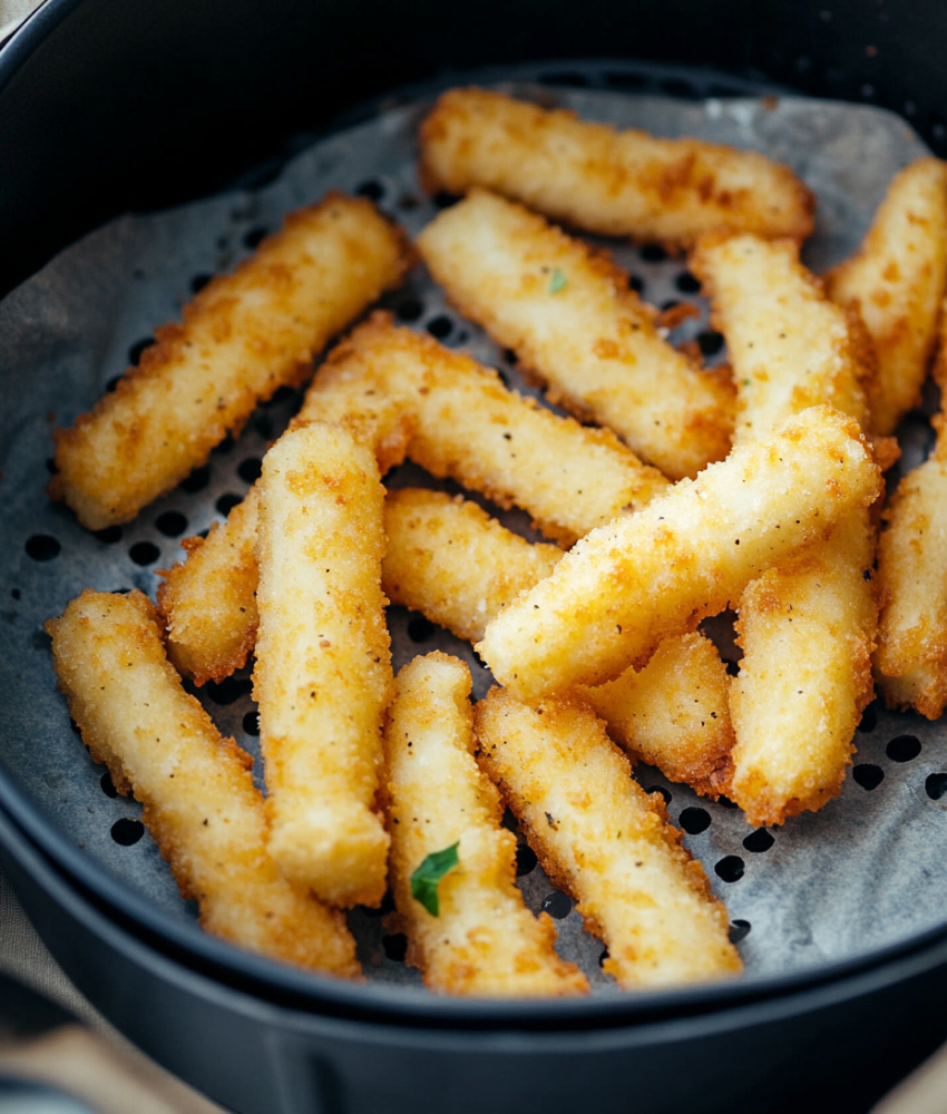 Golden fish sticks resting in an air fryer basket, perfectly cooked with a crispy breaded coating.