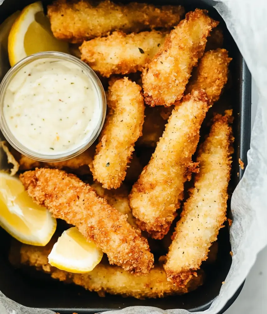 A black tray filled with crispy air-fried fish sticks, garnished with lemon wedges and served with a side of tartar sauce.