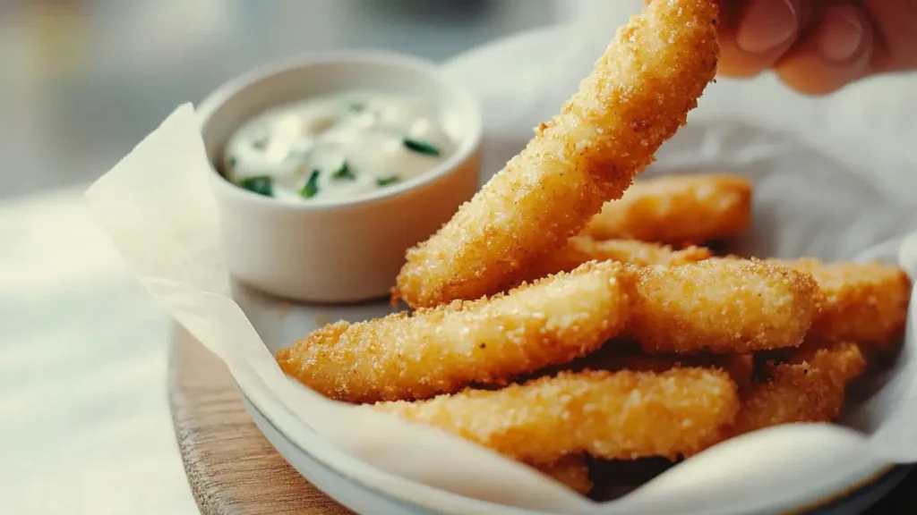 A close-up of golden, crispy fish sticks served with a creamy dipping sauce in a white bowl.